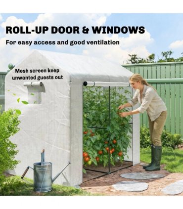 Outsunny Walk-in Greenhouse, Outdoor Tomato Greenhouse with Roll-up Door and Mesh Windows, PE Cover, 200 x 140 x 200cm, White