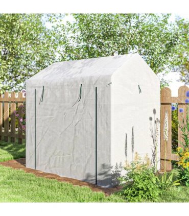 Outsunny Walk-in Greenhouse, Outdoor Tomato Greenhouse with Roll-up Door and Mesh Windows, PE Cover, 200 x 140 x 200cm, White