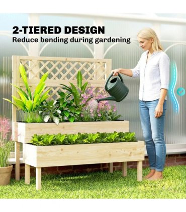 Outsunny Raised Garden Bed 2-Tier Stepped Design Planter Box with Trellis for Climbing Plants 108x62x120 cm