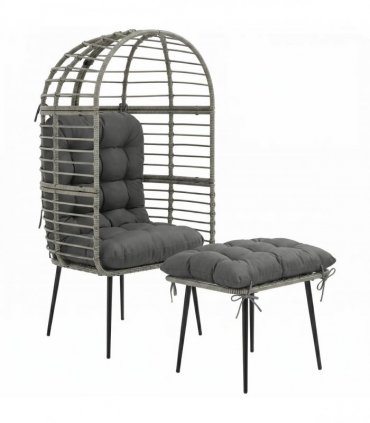 Outsunny Garden Egg Chair with Footstool, Rattan Indoor Outdoor Lounge Chair and Ottoman Set with Thick Cushions, Light Grey