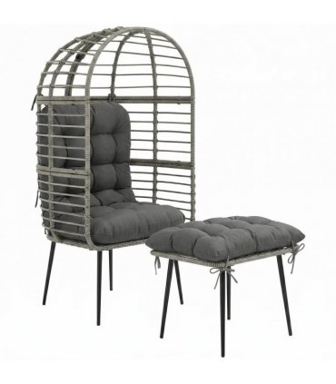 Outsunny Garden Egg Chair with Footstool, Rattan Indoor Outdoor Lounge Chair and Ottoman Set with Thick Cushions, Light Grey