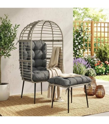 Outsunny Garden Egg Chair with Footstool, Rattan Indoor Outdoor Lounge Chair and Ottoman Set with Thick Cushions, Light Grey