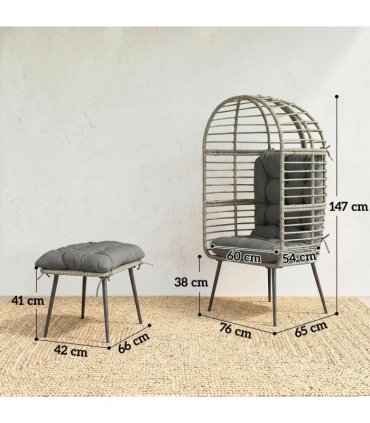 Outsunny Garden Egg Chair with Footstool, Rattan Indoor Outdoor Lounge Chair and Ottoman Set with Thick Cushions, Light Grey