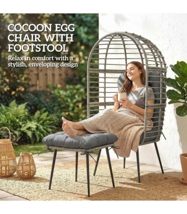 Outsunny Garden Egg Chair with Footstool, Rattan Indoor Outdoor Lounge Chair and Ottoman Set with Thick Cushions, Light Grey