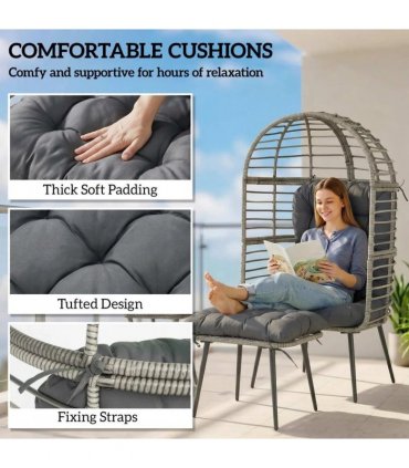 Outsunny Garden Egg Chair with Footstool, Rattan Indoor Outdoor Lounge Chair and Ottoman Set with Thick Cushions, Light Grey