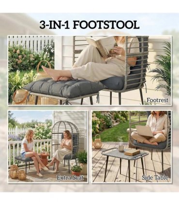 Outsunny Garden Egg Chair with Footstool, Rattan Indoor Outdoor Lounge Chair and Ottoman Set with Thick Cushions, Light Grey