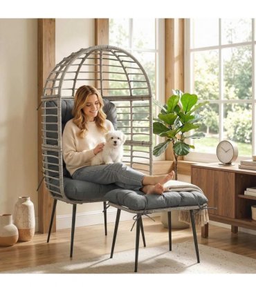 Outsunny Garden Egg Chair with Footstool, Rattan Indoor Outdoor Lounge Chair and Ottoman Set with Thick Cushions, Light Grey