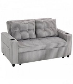 HOMCOM 2 Seater Click Clack Sofa Bed with Pull Out Design, Corduroy Upholstery - Light Grey
