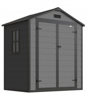 Outsunny 6'x4.5' Garden Storage Shed, Lockable Garden Shed with Double Doors, Window, Vent and Plastic Roof, Dark Grey