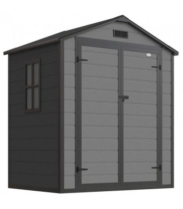 Outsunny 6'x4.5' Garden Storage Shed, Lockable Garden Shed with Double Doors, Window, Vent and Plastic Roof, Dark Grey