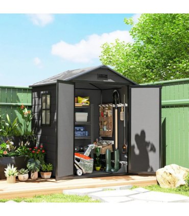 Outsunny 6'x4.5' Garden Storage Shed, Lockable Garden Shed with Double Doors, Window, Vent and Plastic Roof, Dark Grey