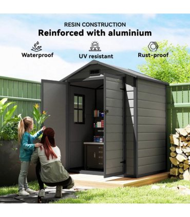 Outsunny 6'x4.5' Garden Storage Shed, Lockable Garden Shed with Double Doors, Window, Vent and Plastic Roof, Dark Grey