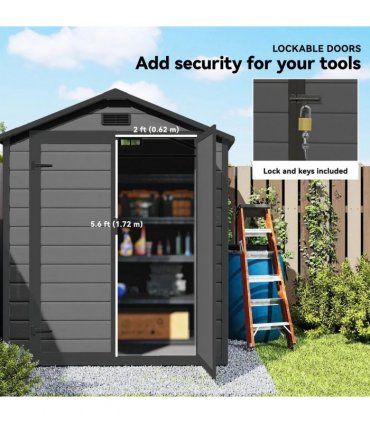 Outsunny 6'x4.5' Garden Storage Shed, Lockable Garden Shed with Double Doors, Window, Vent and Plastic Roof, Dark Grey