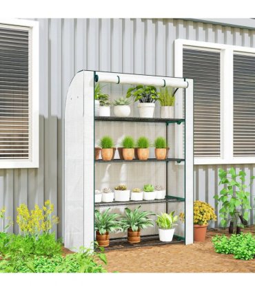Outsunny Mini Greenhouse with Reinforced PE Cover, Portable Indoor Outdoor Green House with Roll-up Door, 170 x 120 x 50cm, White