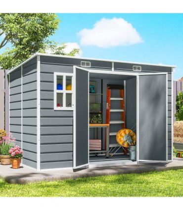 Outsunny 10 x 6 ft Resin Garden Shed, Outdoor Storage Shed with Floor, Windows, Lockable Doors and Vents, Grey