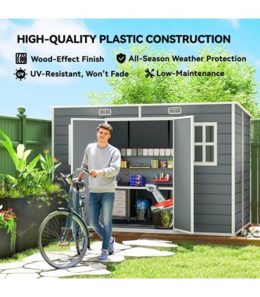 Outsunny 10 x 6 ft Resin Garden Shed, Outdoor Storage Shed with Floor, Windows, Lockable Doors and Vents, Grey