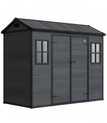 Outsunny 8 x 4 ft Resin Garden Shed, Wood-Effect Outdoor Storage Shed with Floor, Windows, Lockable Doors and Vents, Dark Grey