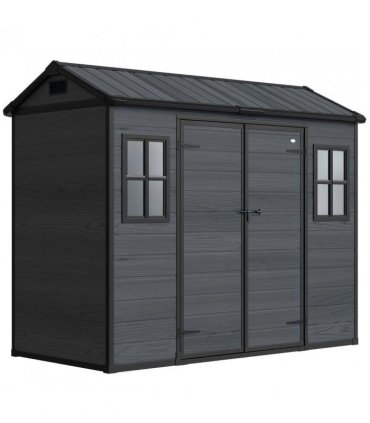 Outsunny 8 x 4 ft Resin Garden Shed, Wood-Effect Outdoor Storage Shed with Floor, Windows, Lockable Doors and Vents, Dark Grey
