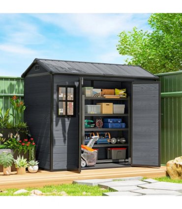 Outsunny 8 x 4 ft Resin Garden Shed, Wood-Effect Outdoor Storage Shed with Floor, Windows, Lockable Doors and Vents, Dark Grey