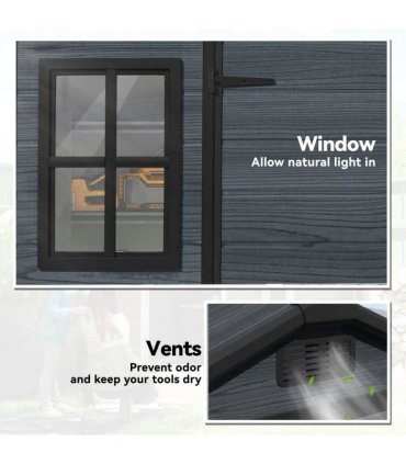 Outsunny 8 x 4 ft Resin Garden Shed, Wood-Effect Outdoor Storage Shed with Floor, Windows, Lockable Doors and Vents, Dark Grey