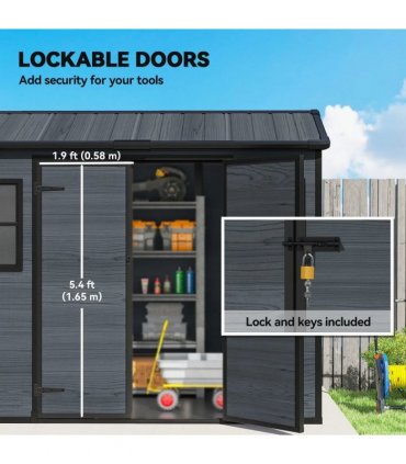 Outsunny 8 x 4 ft Resin Garden Shed, Wood-Effect Outdoor Storage Shed with Floor, Windows, Lockable Doors and Vents, Dark Grey