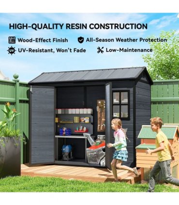 Outsunny 8 x 4 ft Resin Garden Shed, Wood-Effect Outdoor Storage Shed with Floor, Windows, Lockable Doors and Vents, Dark Grey