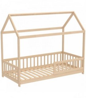 HOMCOM House-Shaped Kids Bed Frame with Guard Rails, Solid Pine Wood Single Bed Frame for Kids Boys and Girls, Natural