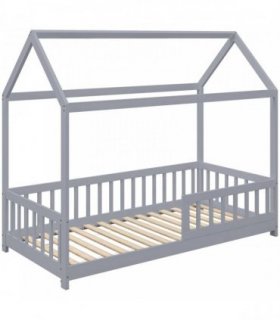 HOMCOM House-Shaped Kids Bed Frame with Guard Rails, Solid Pine Wood Single Bed Frame for Kids Boys and Girls, Grey