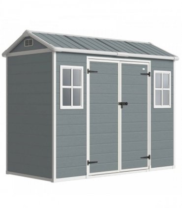 Outsunny 8 x 4 ft Plastic Garden Shed, Wood-Effect Outdoor Storage Shed with Floor, Windows, Lockable Doors and Vents, Light Grey