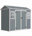 Outsunny 8 x 4 ft Plastic Garden Shed, Wood-Effect Outdoor Storage Shed with Floor, Windows, Lockable Doors and Vents, Light Grey
