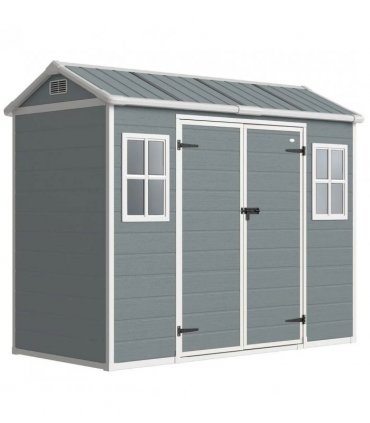 Outsunny 8 x 4 ft Plastic Garden Shed, Wood-Effect Outdoor Storage Shed with Floor, Windows, Lockable Doors and Vents, Light Grey