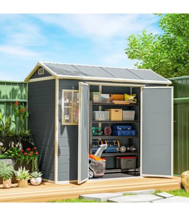Outsunny 8 x 4 ft Plastic Garden Shed, Wood-Effect Outdoor Storage Shed with Floor, Windows, Lockable Doors and Vents, Light Grey