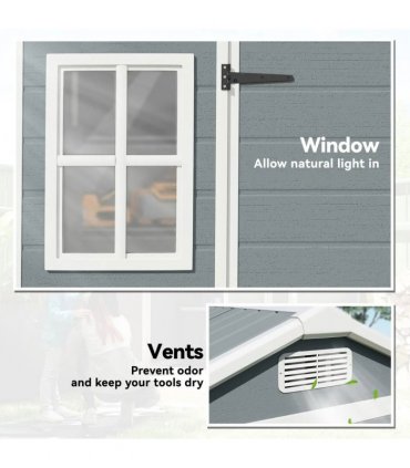 Outsunny 8 x 4 ft Plastic Garden Shed, Wood-Effect Outdoor Storage Shed with Floor, Windows, Lockable Doors and Vents, Light Grey