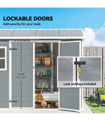Outsunny 8 x 4 ft Plastic Garden Shed, Wood-Effect Outdoor Storage Shed with Floor, Windows, Lockable Doors and Vents, Light Grey
