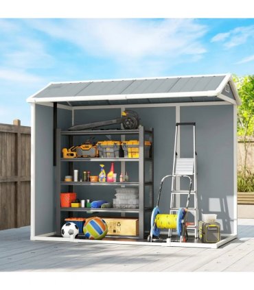 Outsunny 8 x 4 ft Plastic Garden Shed, Wood-Effect Outdoor Storage Shed with Floor, Windows, Lockable Doors and Vents, Light Grey