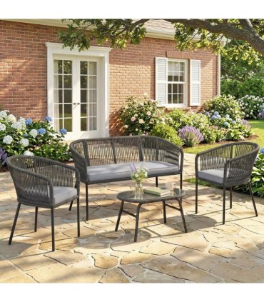 Outsunny 4 Piece Garden Furniture Set, Rope Garden Sofa Set with 1 Loveseat 2 Chairs Tempered Glass Table Cushions, Dark Grey