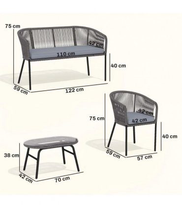 Outsunny 4 Piece Garden Furniture Set, Rope Garden Sofa Set with 1 Loveseat 2 Chairs Tempered Glass Table Cushions, Dark Grey