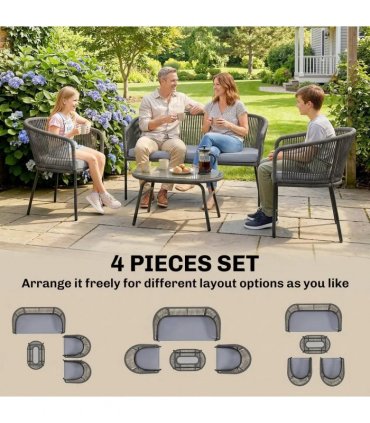 Outsunny 4 Piece Garden Furniture Set, Rope Garden Sofa Set with 1 Loveseat 2 Chairs Tempered Glass Table Cushions, Dark Grey