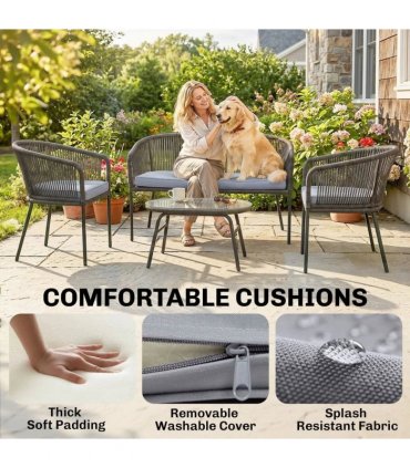 Outsunny 4 Piece Garden Furniture Set, Rope Garden Sofa Set with 1 Loveseat 2 Chairs Tempered Glass Table Cushions, Dark Grey