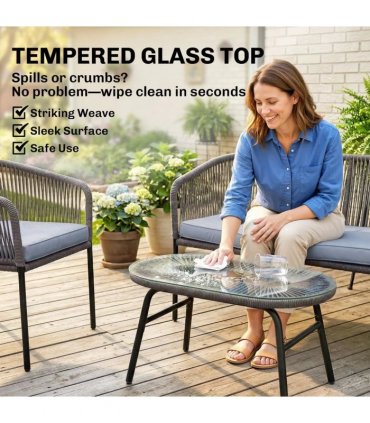 Outsunny 4 Piece Garden Furniture Set, Rope Garden Sofa Set with 1 Loveseat 2 Chairs Tempered Glass Table Cushions, Dark Grey