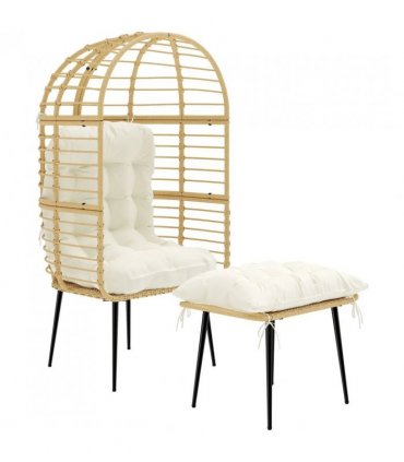 Outsunny Garden Egg Chair with Footstool, Rattan Indoor Outdoor Lounge Chair and Ottoman Set with Thick Cushions, Beige