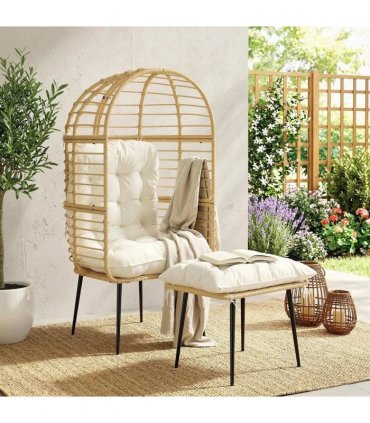 Outsunny Garden Egg Chair with Footstool, Rattan Indoor Outdoor Lounge Chair and Ottoman Set with Thick Cushions, Beige