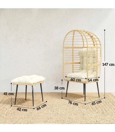 Outsunny Garden Egg Chair with Footstool, Rattan Indoor Outdoor Lounge Chair and Ottoman Set with Thick Cushions, Beige