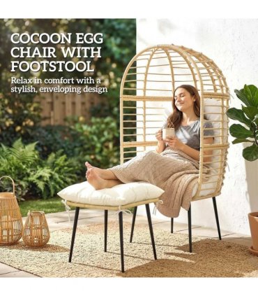 Outsunny Garden Egg Chair with Footstool, Rattan Indoor Outdoor Lounge Chair and Ottoman Set with Thick Cushions, Beige