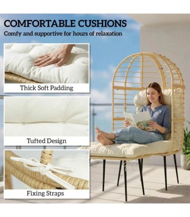 Outsunny Garden Egg Chair with Footstool, Rattan Indoor Outdoor Lounge Chair and Ottoman Set with Thick Cushions, Beige