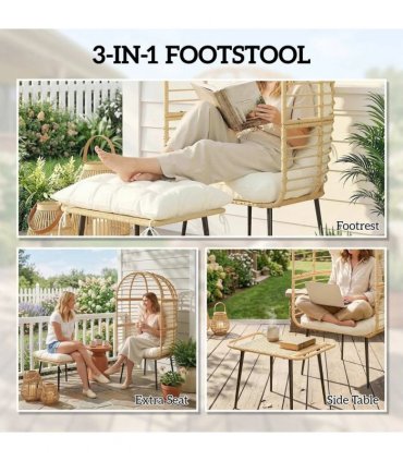 Outsunny Garden Egg Chair with Footstool, Rattan Indoor Outdoor Lounge Chair and Ottoman Set with Thick Cushions, Beige