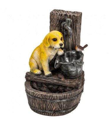 Outsunny Garden Water Feature with 3-Tier Rustic Puppy Design, Freestanding Resin with LED Lights, Adjustable Flow, Rustic Brown