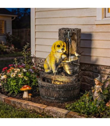 Outsunny Garden Water Feature with 3-Tier Rustic Puppy Design, Freestanding Resin with LED Lights, Adjustable Flow, Rustic Brown