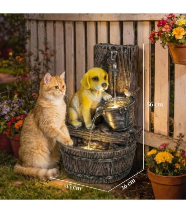 Outsunny Garden Water Feature with 3-Tier Rustic Puppy Design, Freestanding Resin with LED Lights, Adjustable Flow, Rustic Brown