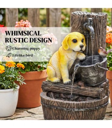Outsunny Garden Water Feature with 3-Tier Rustic Puppy Design, Freestanding Resin with LED Lights, Adjustable Flow, Rustic Brown